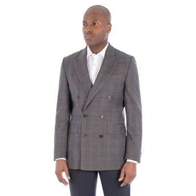 Navy brown check pure wool tailored fit double breasted jacket